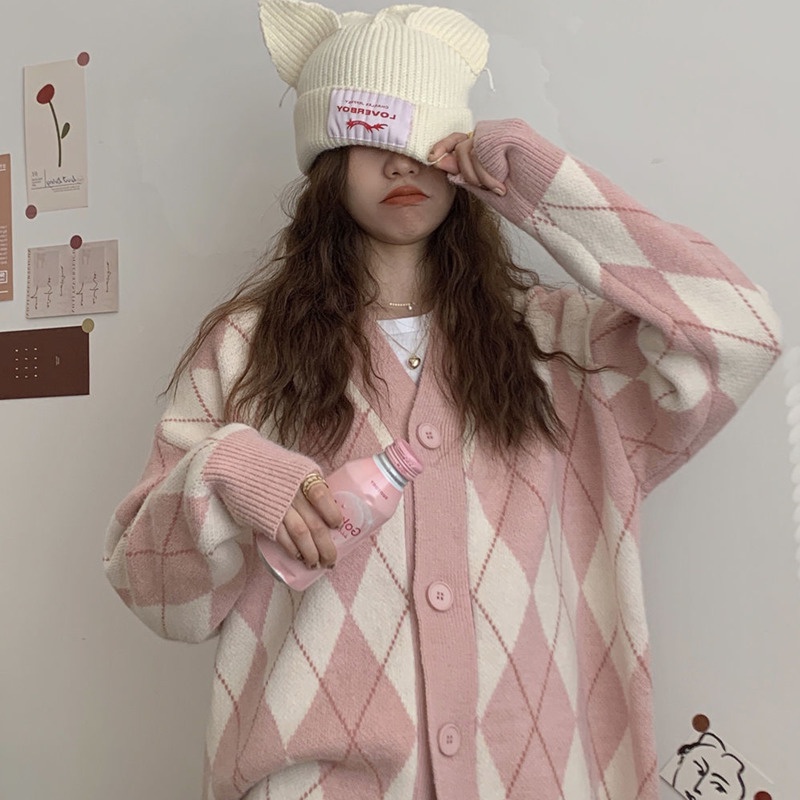 Áo khoác cardigan dệt kim dáng rộng họa tiết kim vương thời trang thu đông cho nữ