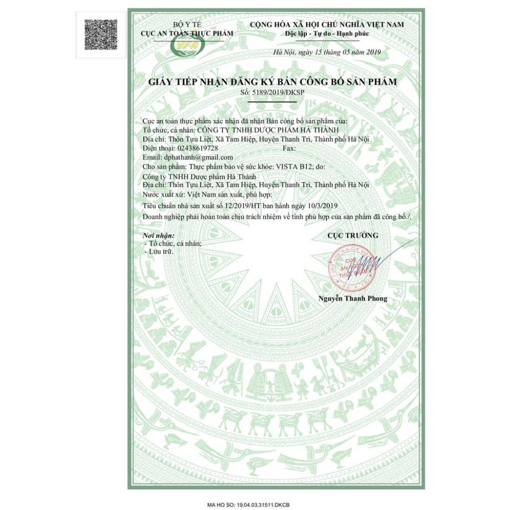 VISTA B B12- Bổ sung vitamin nhóm B lọ 100 viên