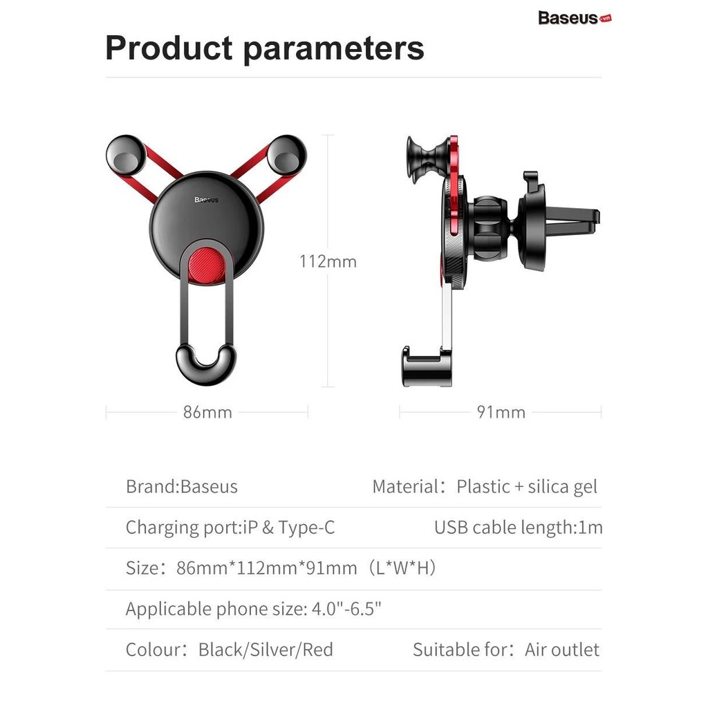 Giá đỡ điện thoại trên ô tô Baseus - Kèm dây sạc iPhone - Gắn khe gió chắc chắn - Thiết kế sang trọng - Chính Hãn