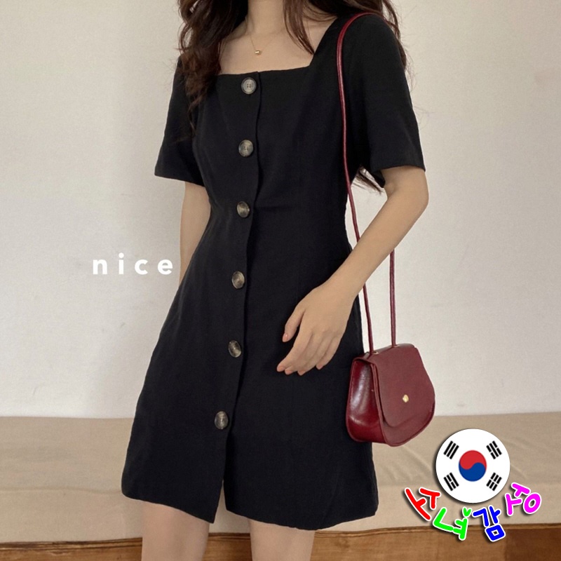Đầm Tay Ngắn Cổ Vuông Màu Đen Phong Cách Châu Âu Đơn Giản Thời Trang Cho Nữ