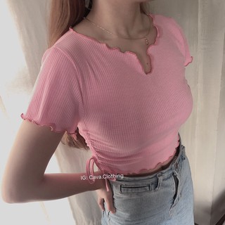 Áo croptop cuốn biên cổ núm cực xinh , chất thun gân mềm mịn mát