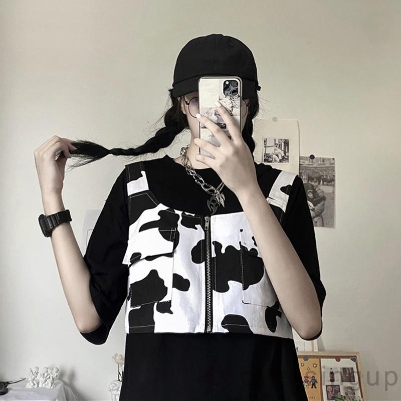 Áo Croptop Sát Nách Dáng Rộng In Họa Tiết Bò Sữa Phối Khóa Kéo Cá Tính Cho Nữ | BigBuy360 - bigbuy360.vn