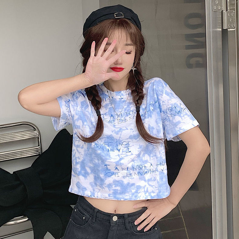 Áo thun croptop tay ngắn nhuộm màu loang phong cách Hàn Quốc thời trang cho nữ