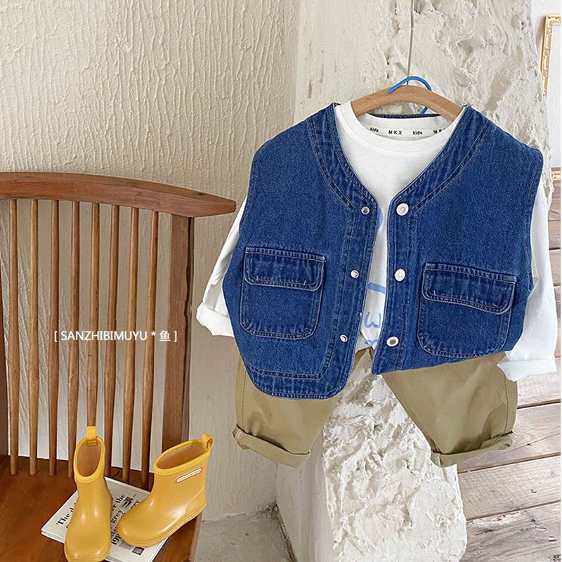 Áo Khoác Denim Không Tay Phong Cách Thời Trang Nhật Hàn Mới 2022 Dành Cho Bé Trai Gái