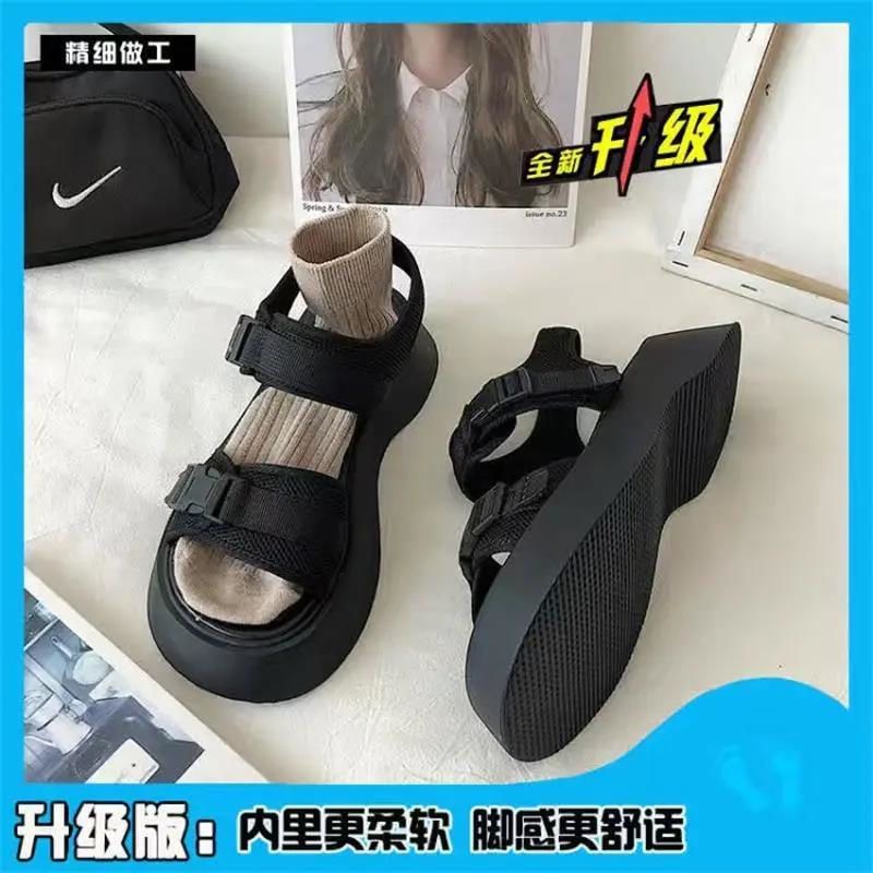 Jiashucheng Giày Sandal Đế Xuồng Dày Màu Đen Phong Cách Harajuku Anh Quốc Dễ Phối Đồ Thời Trang Mùa Hè Cho Nữ
