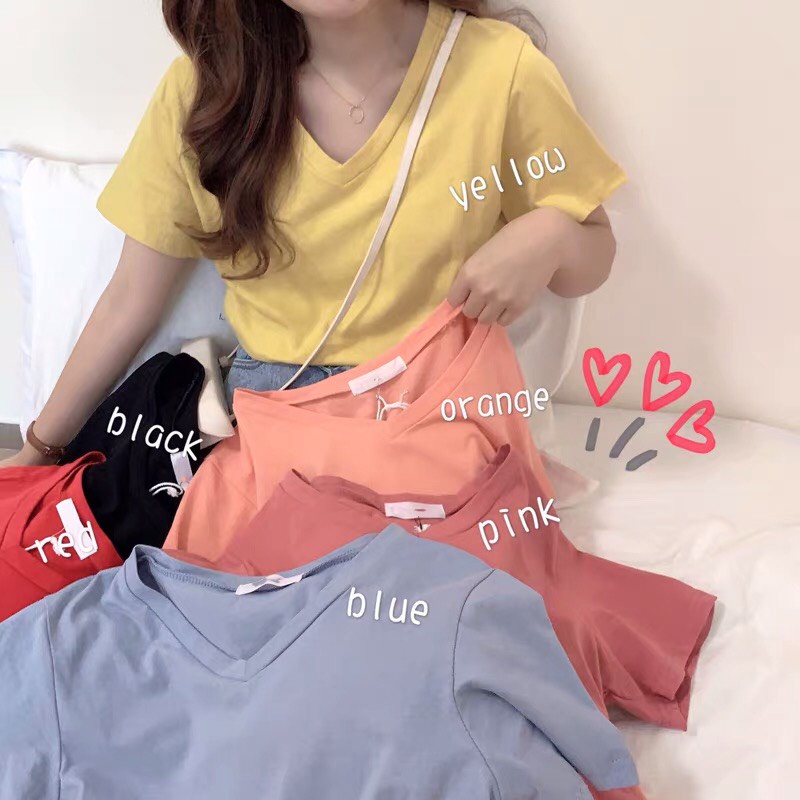 Áo thun cổ tim chữ V nhiều màu ALALA chất cotton cực mát Áo phông trơn