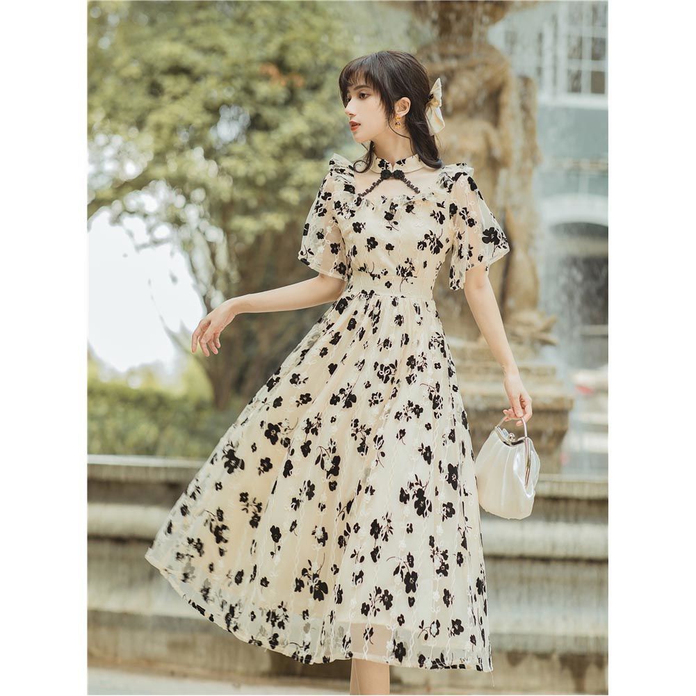 Đầm midi Sườn Xám Cách Tân Tay Ngắn Phối Ren Lưới Họa Tiết Hoa Phong Cách Pháp Thời Trang Mùa Hè Xinh Xắn