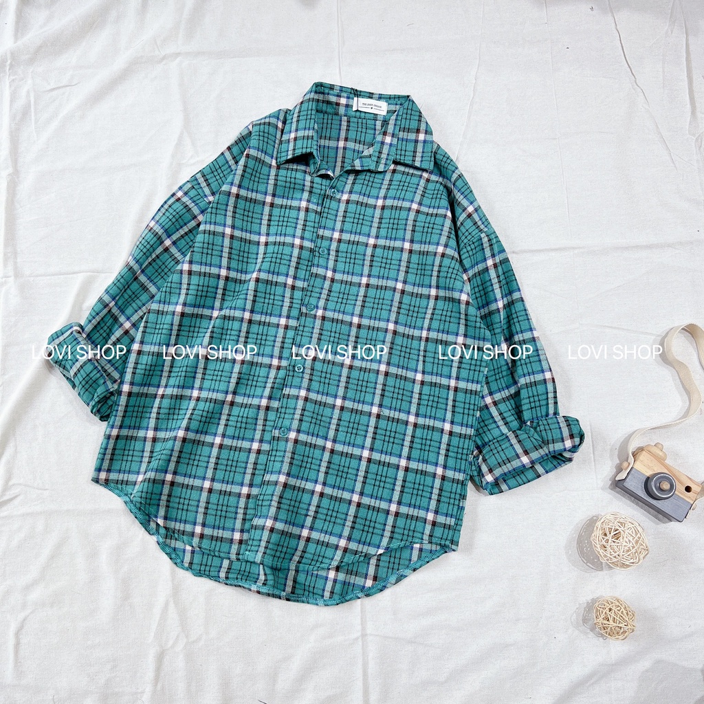 LOVI SHOP Áo sơ mi caro cánh dơi suông dài tay 4 màu