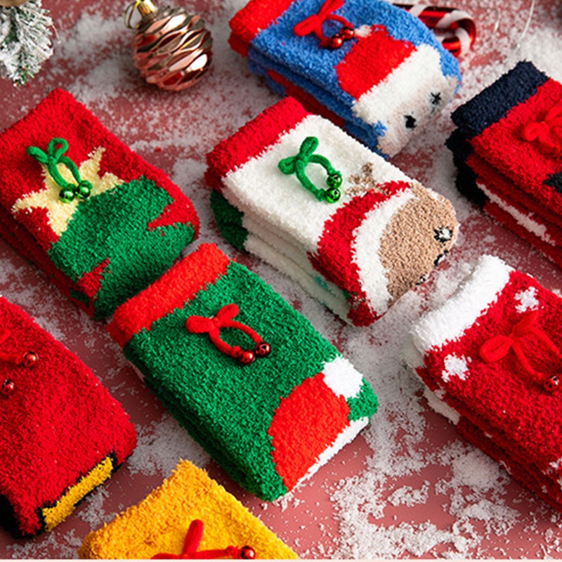Set 4 Đôi Tất Sợi Nhỏ Dày Giữ Ấm Mùa Đông In Họa Tiết Giáng Sinh Cho Nữ