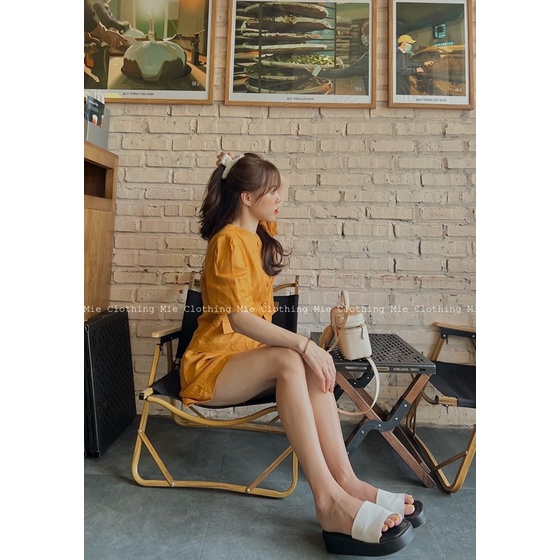 MIE MIN - Set Linen Cam cháy Áo cộc tay lượn + Short ống rộng
