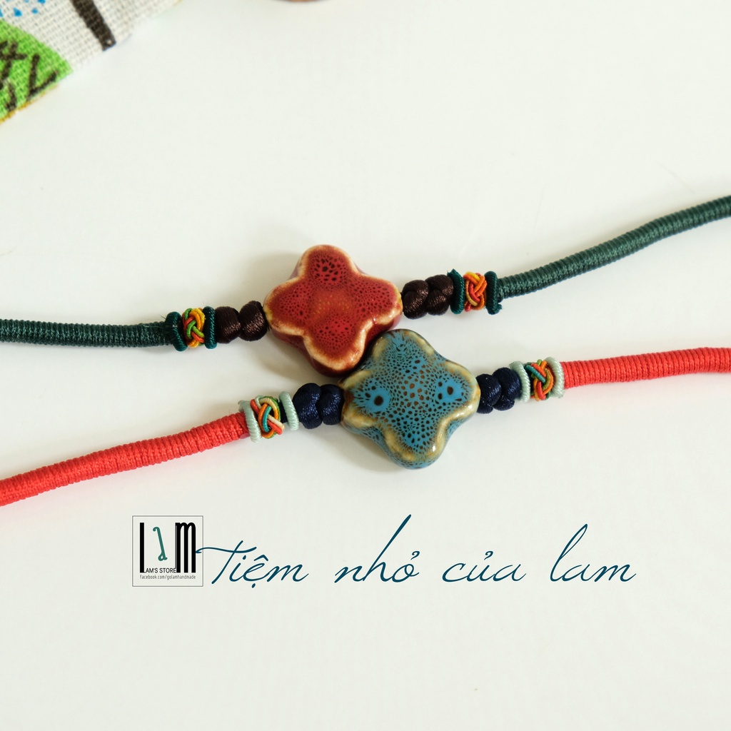 Vòng tay handmade hạt gốm dẹp unisex dây bện thủ công size ~19cm