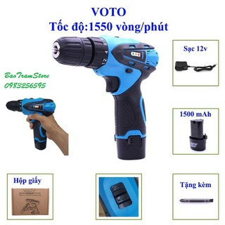 Máy khoan pin 12v, không dây VOTO 2 tốc độ kèm 2 pin chất lượng cao