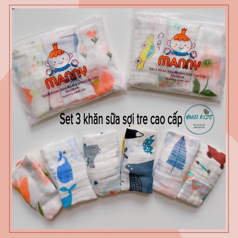 Set 3 khăn sữa sợi tre cao cấp thấm hút tốt,không xù lông cho bé