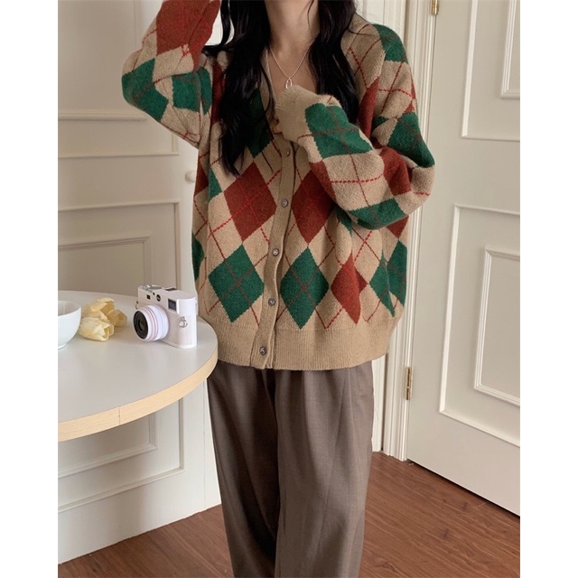 [Sẵn] AL1_Áo cardigan, áo khoác len hoạ tiết kẻ caro ô trám màu xanh lá ulzzang Hàn quốc