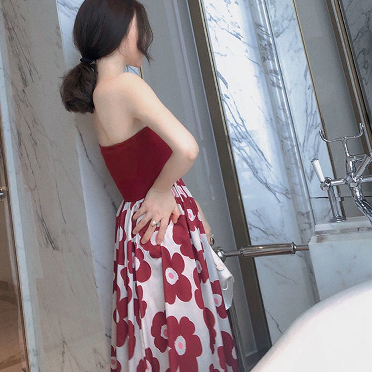 Jiashucheng Đầm Ống Phồng Lưng Cao Hở Xương Quai Xanh Gợi Cảm Thanh Lịch Dễ Phối Đồ Mùa Hè