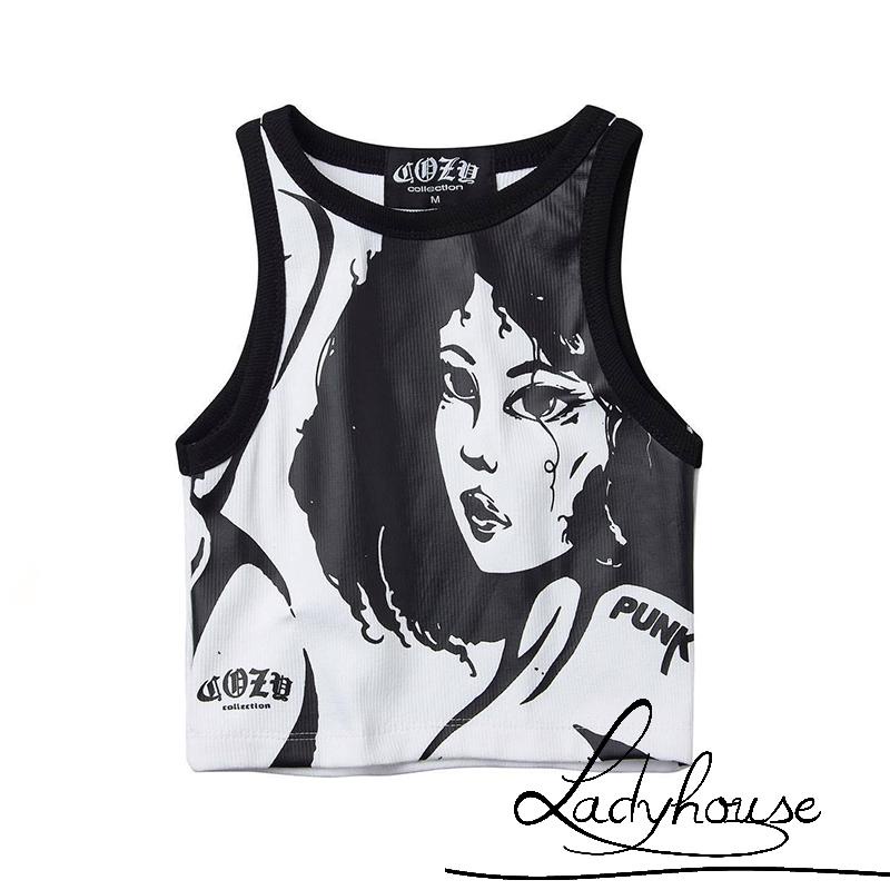 Áo Croptop Sát Nách Cổ Thuyền In Họa Tiết Anime Dễ Thương Cho Nữ