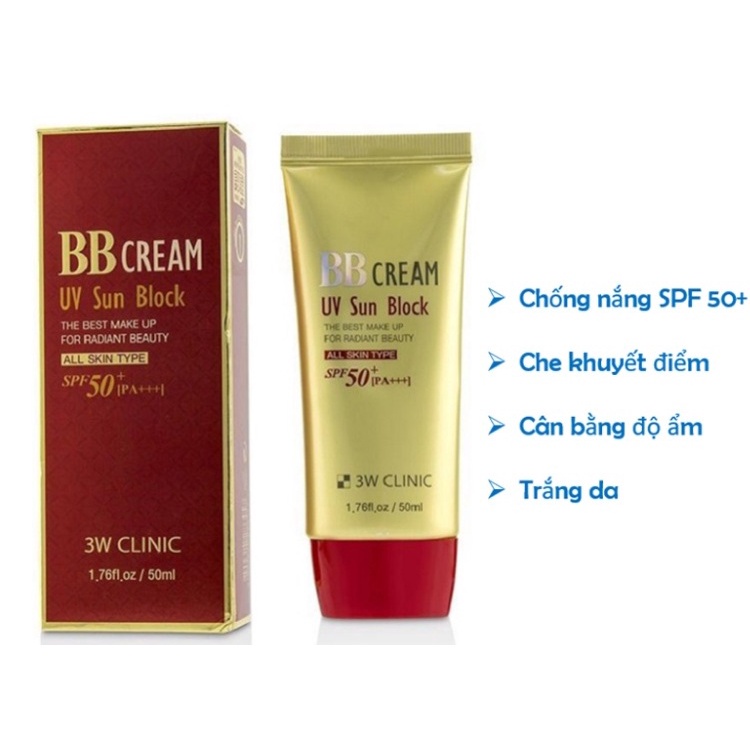 Kem Nền Đa Chức Năng Dưỡng Trắng Da, Chống Nắng Che  Khuyết Điểm BB Cream UV Sun Block 3W Clinic Hàn Quốc 50ml - VỎ ĐỎ