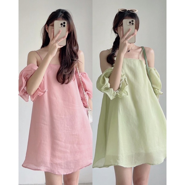 [Ảnh thật/Video]VÁY ORGANZA  mặc được nhiều kiểu Đầm hai dây Hàn Quốc hai lớp chất tơ lụa