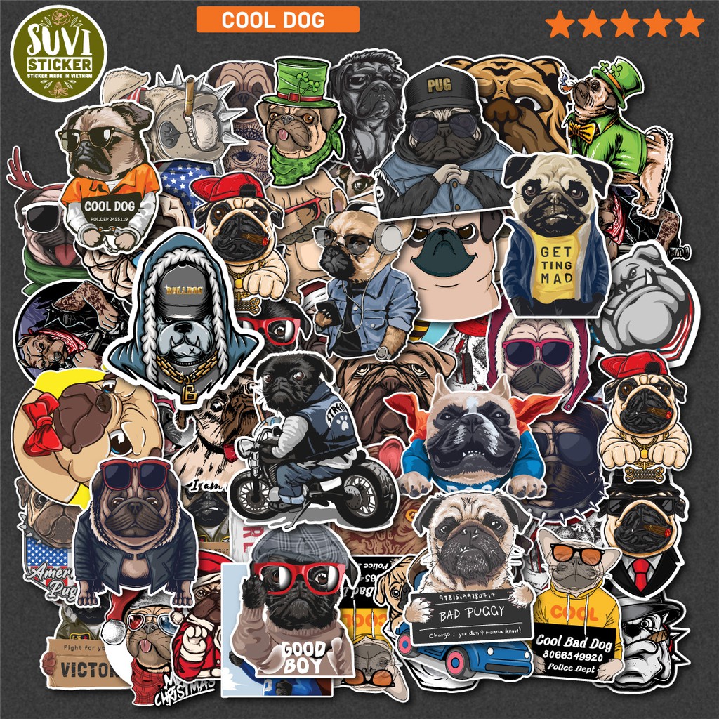 50 Sticker Cool Dog chống nước sticker dán laptop, điện thoại, đàn guitar, mũ bảo hiểm, vali. MSP: A25