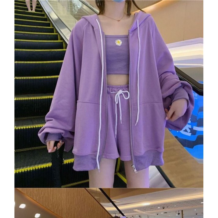 SET HOODIE 3 MÓN : ÁO 2 DÂY HOA CÚC TÍM + QUẦN ĐÙI + ÁO KHOÁC NỈ SET ULZZANG | BigBuy360 - bigbuy360.vn