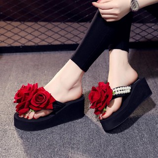 Dép xỏ ngón đế xuồng đính hoa và ngọc trai cho nữ