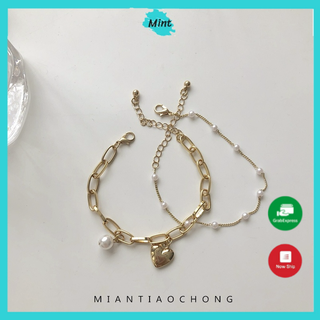 Lắc Tay Hai Lớp Ngọc Trai Nhân Tạo ❤️FREESHIP❤️ Vòng Tay Phối Xích Trái Tim Phong Cách Hàn Quốc