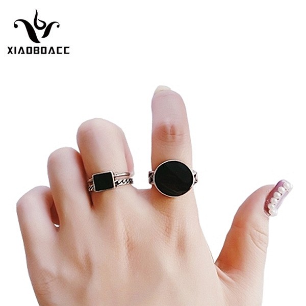 XiaoboACC 2Pcs/Set Nhẫn Họa Tiết Hình Tròn / Vuông Phong Cách Hàn Quốc