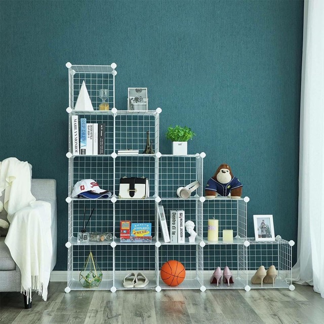 TỦ KỆ LƯỚI GHÉP ĐA NĂNG 16 Ô SÂU 37x37cm. Tặng 1 móc cài sườn 2 bên trị giá 20k