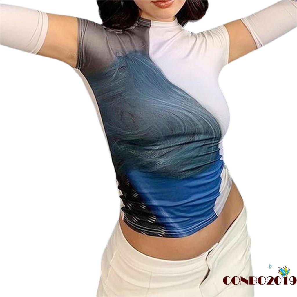 Áo Thun Lửng Tay Ngắn In Họa Tiết Trừu Tượng Thời Trang Cho Nữ