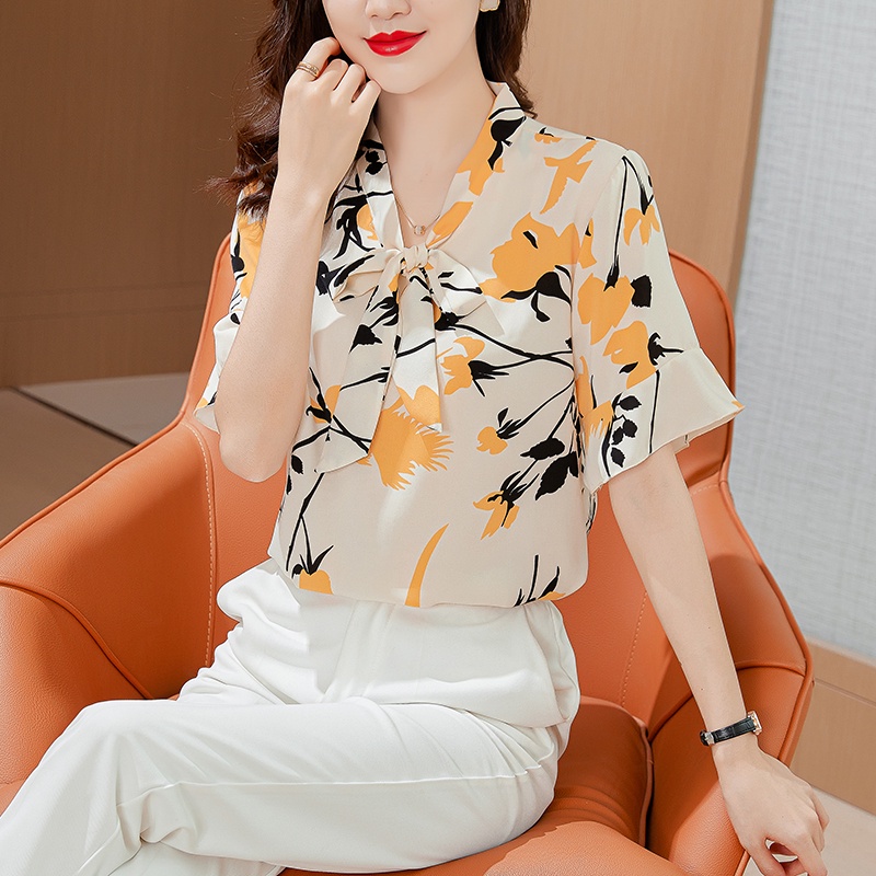Áo Sơ Mi Chiffon Tay Ngắn Thắt Nơ In Họa Tiết Thời Trang Hàn Quốc Cho Nữ Size L-5XL