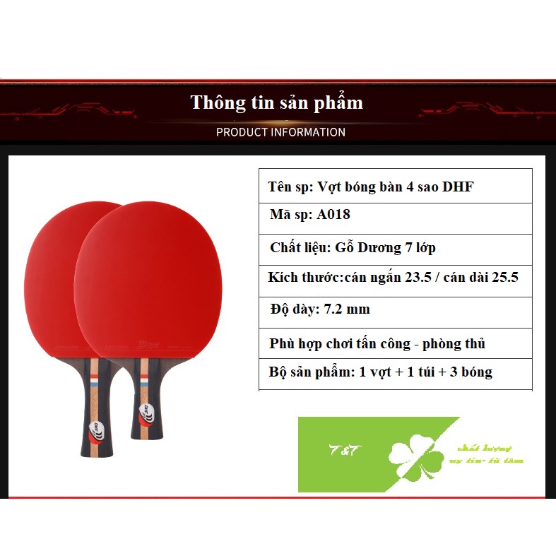 Vợt bóng bàn 4 sao DHF 7 lớp gỗ dương cán dài, ngắn tặng kèm 1 túi 3 bóng A018