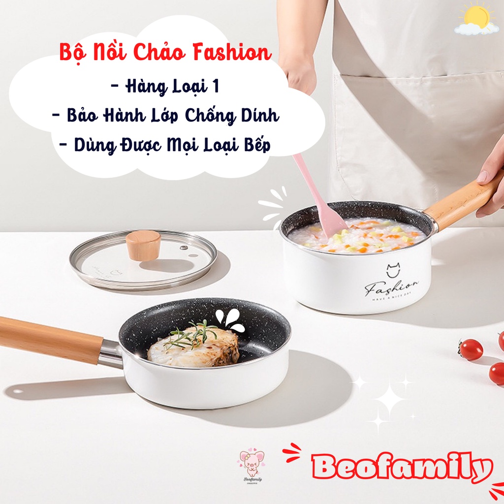 (Hàng Loại 1)Bộ Nồi Chảo Chống Dính Nấu Bột, Nấu Cháo, Nấu Đồ Ăn Dặm Cho Bé Fashion Xuất Hàn - Beofamily