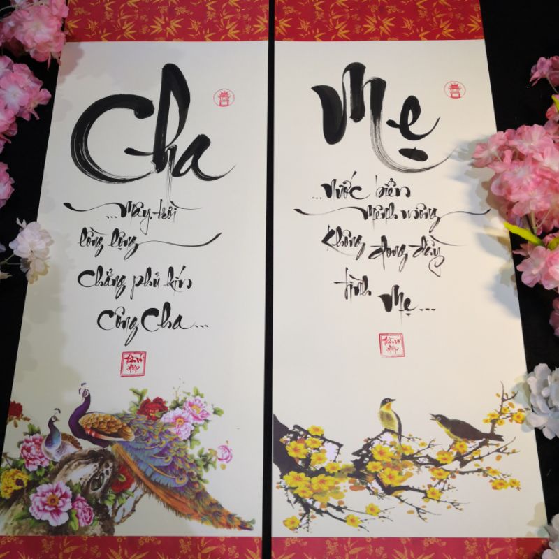 Combo 2 bức tranh thư pháp chữ Cha Mẹ