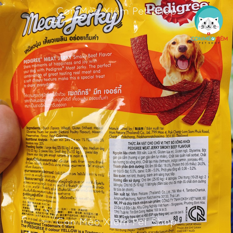 Bánh thưởng cho chó Pedigree Meat Jerky 60g, đồ ăn vặt tăng cân sạch răng cho chó Con Mèo Xiêm