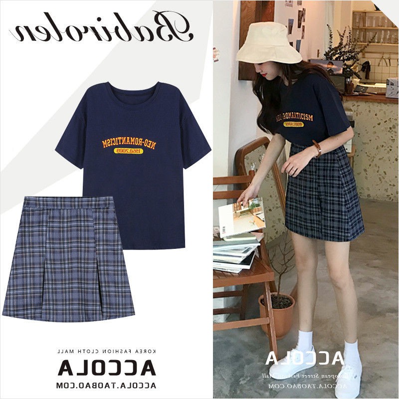 Set Áo Thun + Chân Váy Ngắn Dáng Chữ a Lưng Cao Kẻ Sọc Caro Phong Cách Preppy Hàn Quốc Cho Nữ