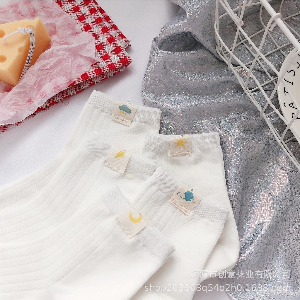 Vớ trắng nữ cổ cao Hàn Quốc Tất gân trơn cổ trung nữ Nhật Bản Cotton