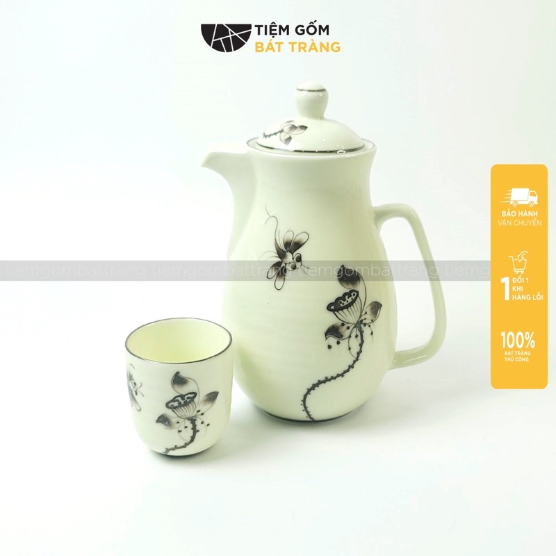 Bộ Bình Nước Men Kem Vẽ Tay Sen Chuồn Ca Cốc Sứ Uống Nước/Hũ Có Nắp Sứ Bát Tràng