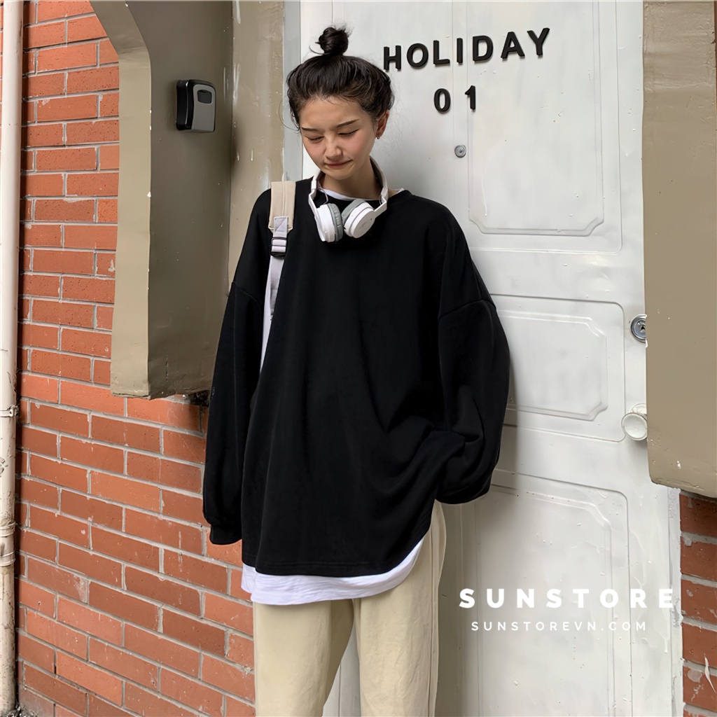 Áo tay dài form rộng oversize unisex kèm lớp lót thun trắng bên trong 2 màu đen và xanh thời trang thu đông Ulzzang