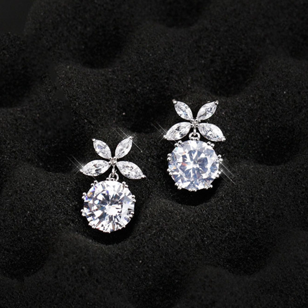 Khuyên tai kim bạc 925 dạng thả khảm đá zircon lấp lánh chống dị ứng