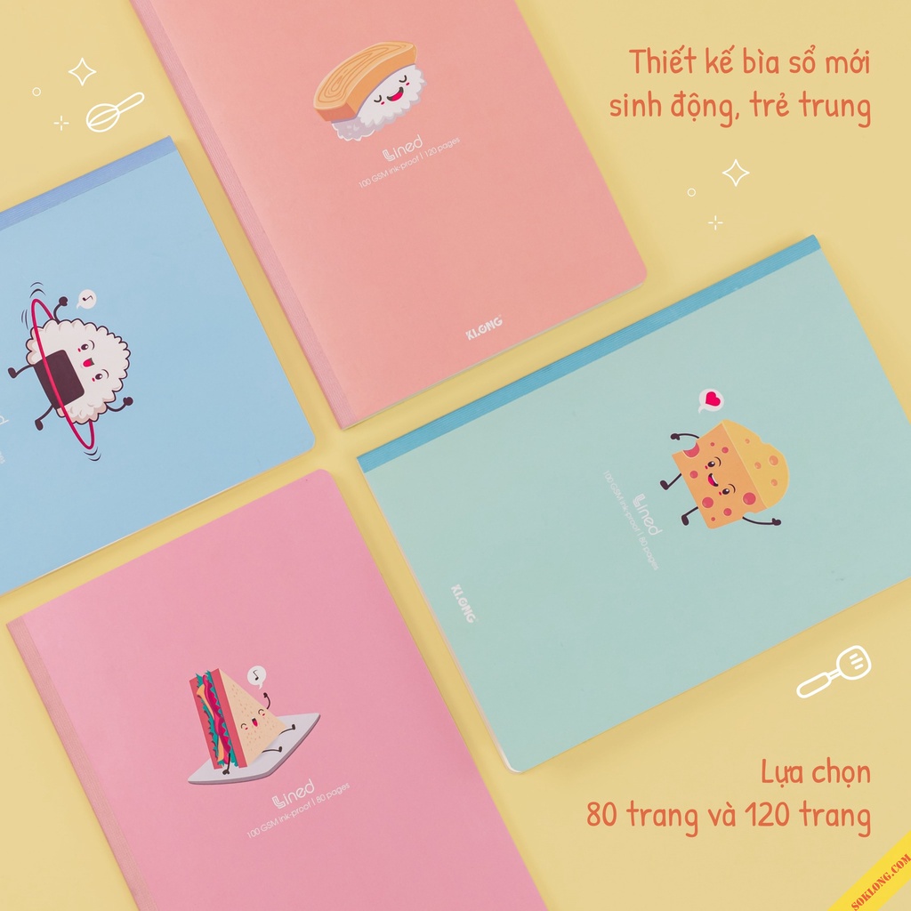 Vở 80 trang kẻ ngang dòng chấm B5 may dán gáy Lined Klong MS 825 tấp sổ bìa foodie dễ thương