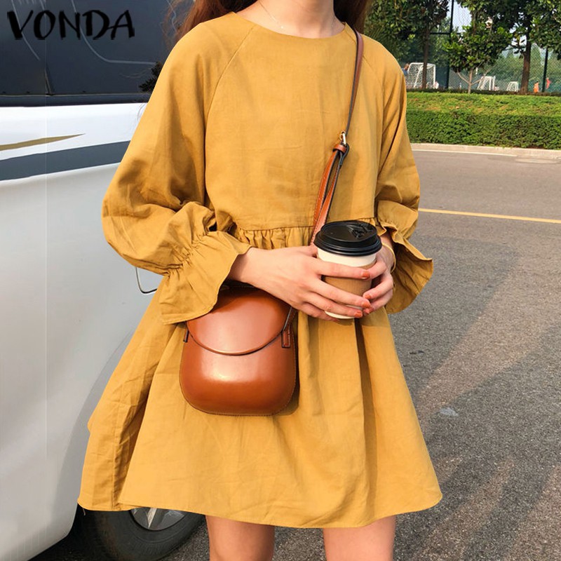 Đầm ngắn VONDA tay dài xếp nếp 1 màu thời trang ngày nghỉ cho nữ | BigBuy360 - bigbuy360.vn
