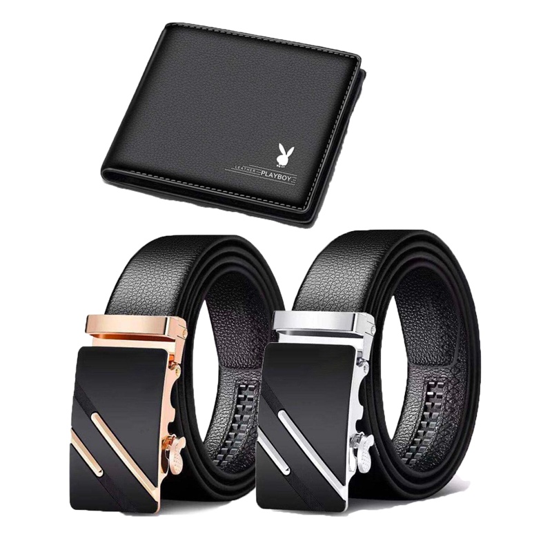 Bộ 03 sản phẩm thắt lưng và ví da nam XIÊN VÀNG - BẠC HX- SEP ĐEN