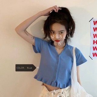 「HOME5」Áo sơ mi nữ tay ngắn có chữ V xếp ly thời trang