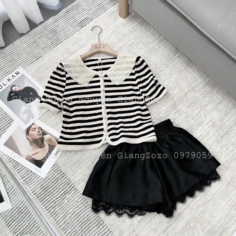 Áo pull kẻ ngang tay ngắn cổ viền bèo phong cách Hàn Quốc