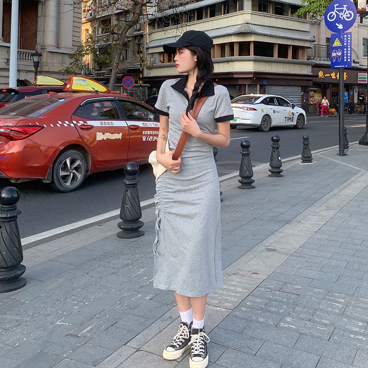 COZOK Đầm Cổ POLO Dáng Ôm Rút Dây Xếp Ly Màu Tương Phản Trẻ Trung