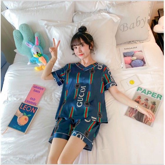 Bộ lụa mặc nhà cổ V hàng Quảng Châu có size - BỘ GUCOI