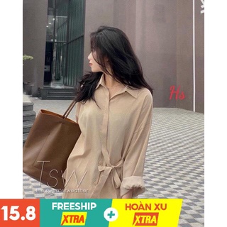 Áo sơ mi lụa nữ dài tay kèm dây eo 3 màu