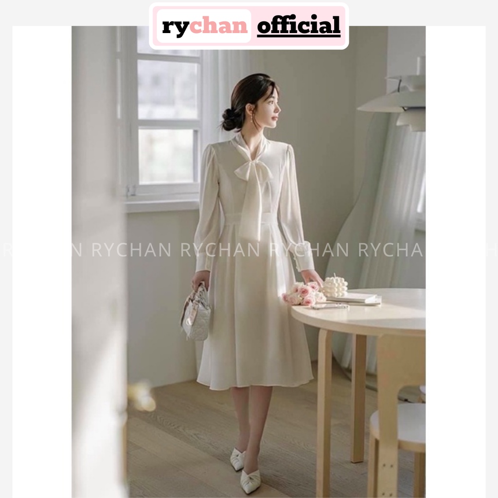 Đầm Nữ Phong Cách Tiểu Thư Tay Dài Cổ Thắt Nơ Dáng Dài Màu Trắng Cực Đẹp - DX9828