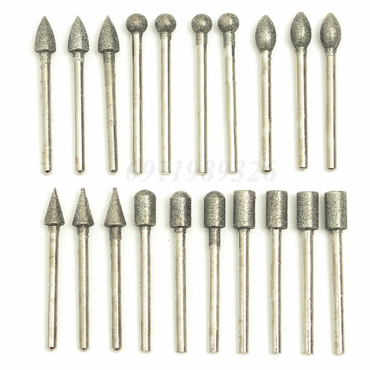 Bộ 20 mũi đá mài kim cương mài dũa chạm khắc hạt mịn 150 Grit cốt 3mm