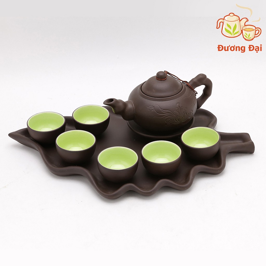 Bộ ấm chén pha uống trà tử sa khay lá Gốm Sứ Bát Tràng Đương Đại 350ml ( bộ bình trà, bộ ấm trà)